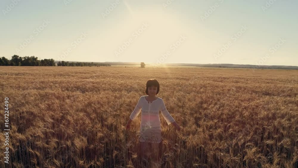 Aerial photography Girl running cross the wheat field at sunset. Slow motion, high speed camera Aerial photography Girl running cross the wheat field at sunset. Slow motion, high speed camera
