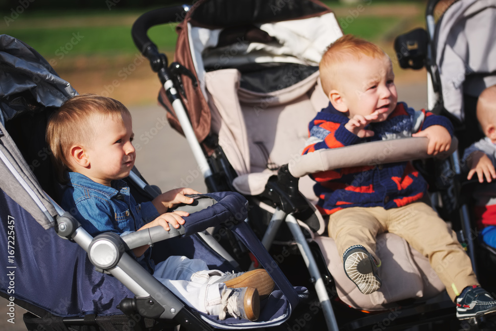 funny children sitting in strollers in park funny children sitting in strollers in park