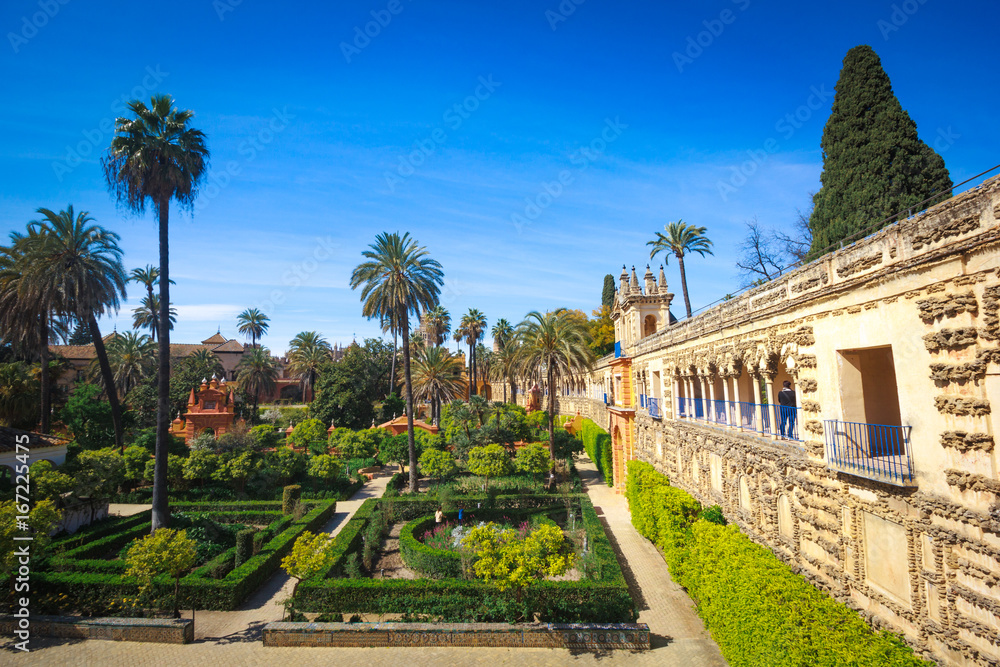 Ancient garden architecture. Royal Alcázar of Seville, Spain. 
