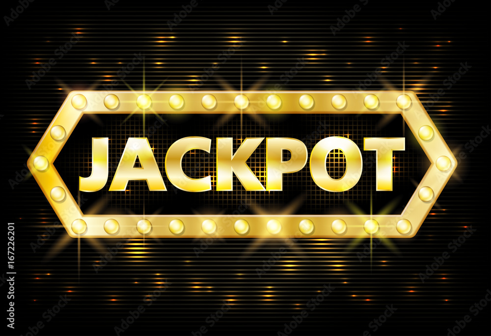 Jackpot gold casino lotto label with glowing lamps on black background. Casino jackpot winner