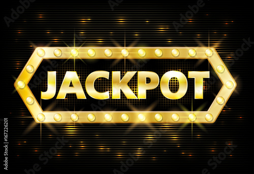 Jackpot gold casino lotto label with glowing lamps on black background. Casino jackpot winner design gamble with shining text in vintage style. Vector illustration