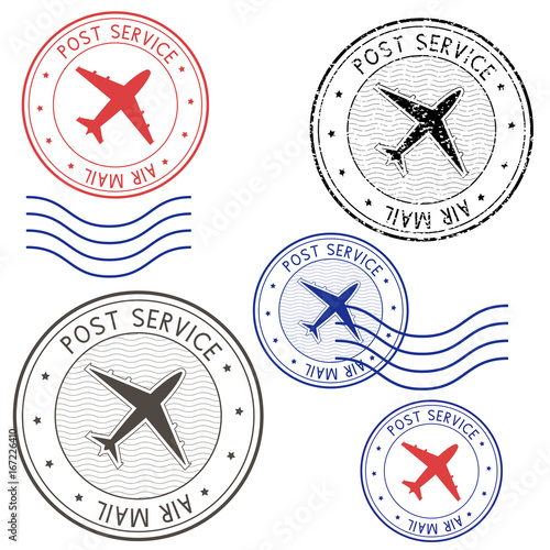 Post service airmail colored postmarks with plane sign