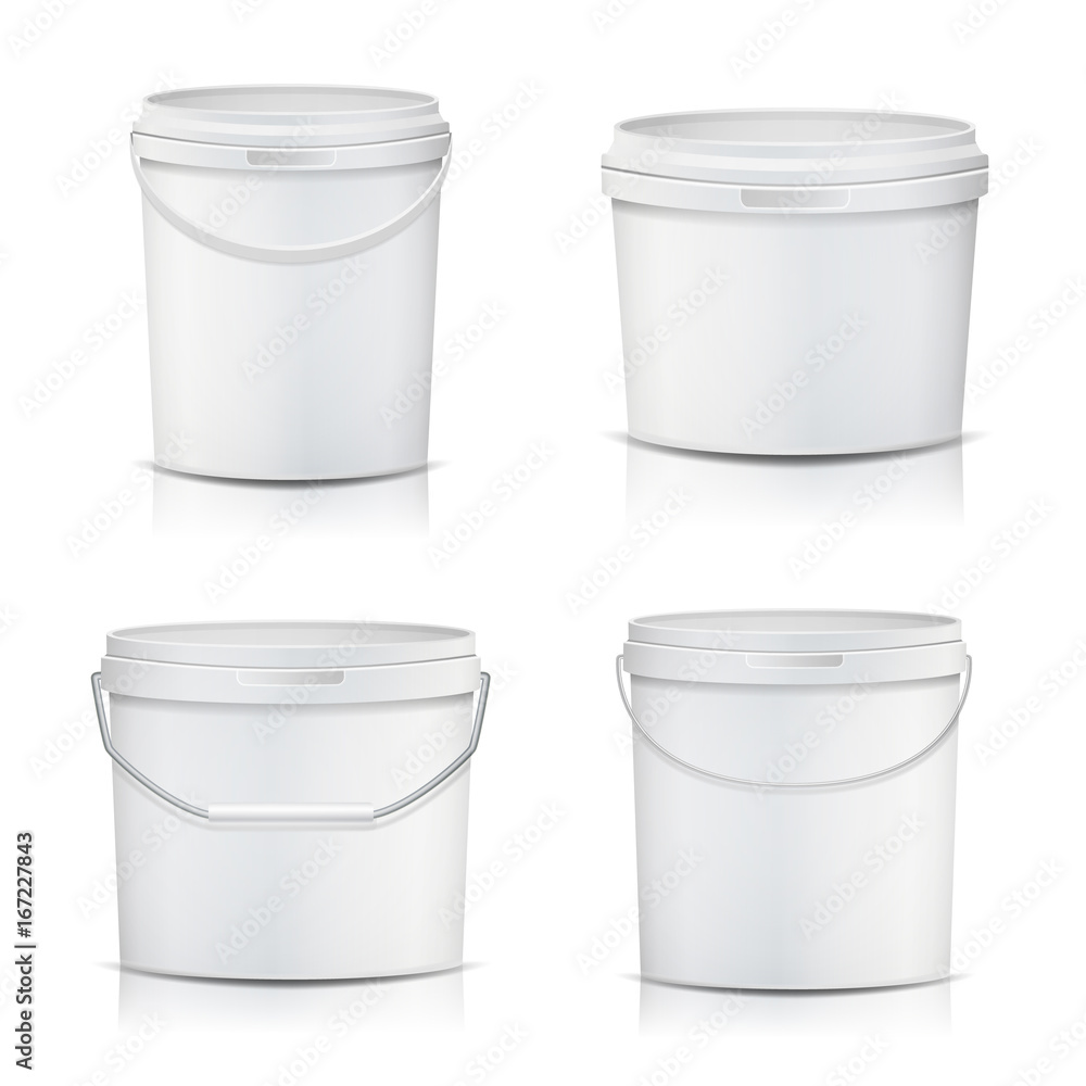 3D Bucket Set Vector. Realistic. Mock Up Plastic Container. Illustration 3D Bucket Set Vector. Realistic. Mock Up Plastic Container. Illustration