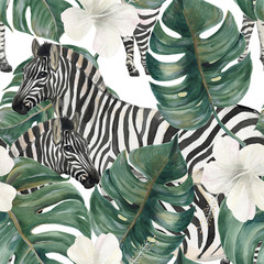 Fotobehang Hibiscus patronen Aquarel zebra hibiscus tropische bladeren  © ramiia