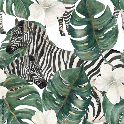 Obraz na płótnie Akwarela maluje bezszwowego wzór z tropikalnymi deliciosa liśćmi, poślubników kwiatami i zebrą