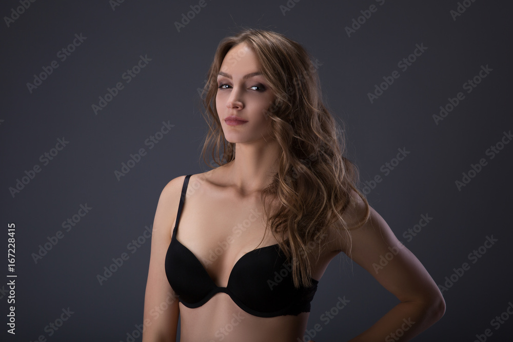 Beauty portrait of female face in black bra Beauty portrait of female face in black bra