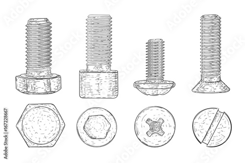 Metal bolts and screws. Hand drawn sketch