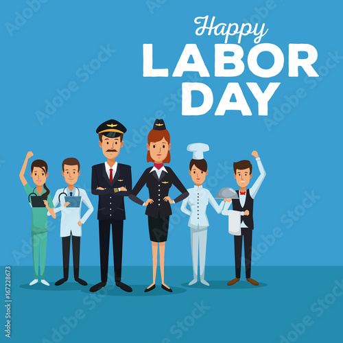 color card of happy labor day with full body people of different professions vector illustration