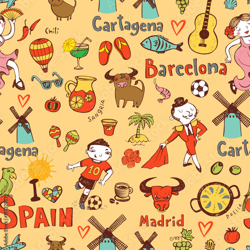Seamless background with symbols of Spain