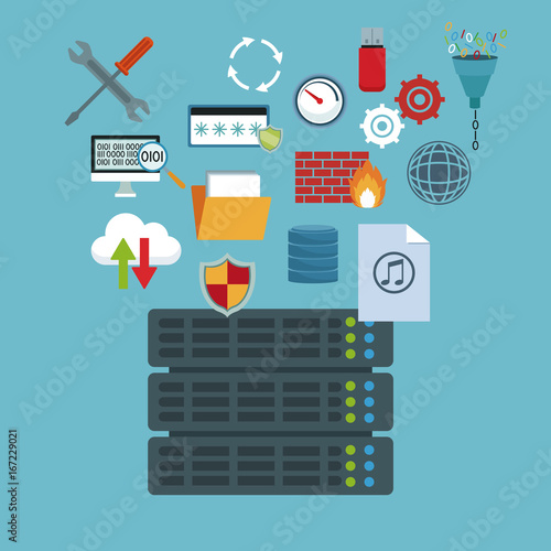 color background with rack server router and technology elements in icons floating vector illustration