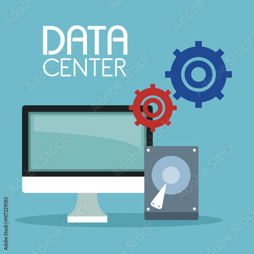 Wallpaper Mural color background with display computer and hard drive with gears symbol and text data center vector illustration Torontodigital.ca