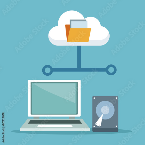 color background with laptop computer and hard drive with cloud storage vector illustration