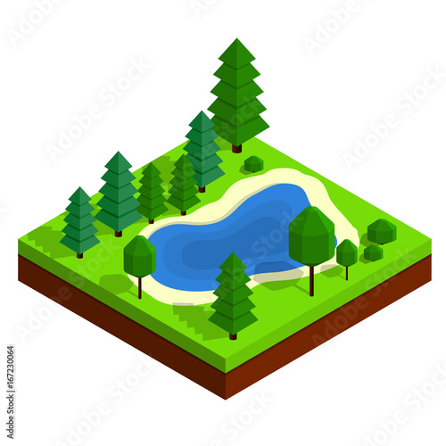 Isometric summer landscape with lake and low poly trees and bushes. Vector flat 3d design or infographic element. Summer forest illustration
