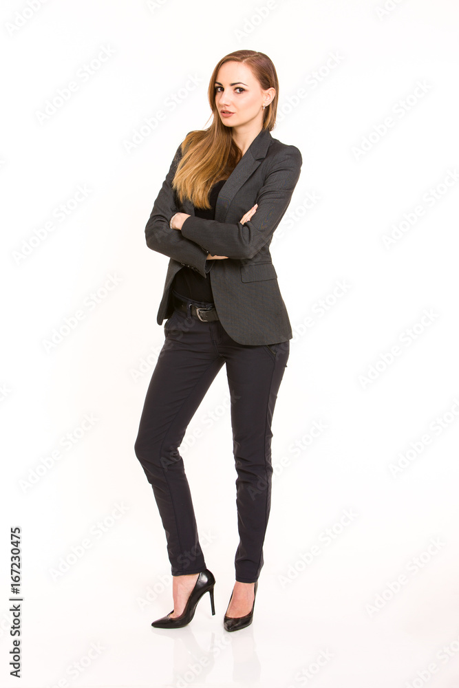 Dark blonde woman wearing smart casual outfit with cross hands on white background Dark blonde woman wearing smart casual outfit with cross hands on white background