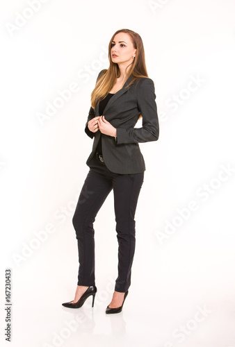 Dark blonde woman wearing smart casual outfit on white background