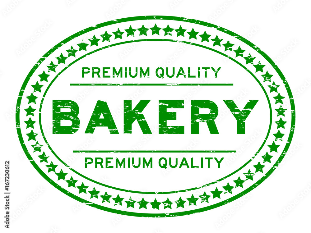 Grunge green premium quality baker oval rubber seal stamp on white background