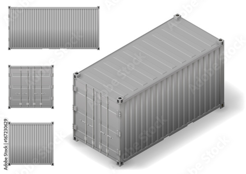 Isometry of cargo transport sea container. Drawing in vector graphics with facades.