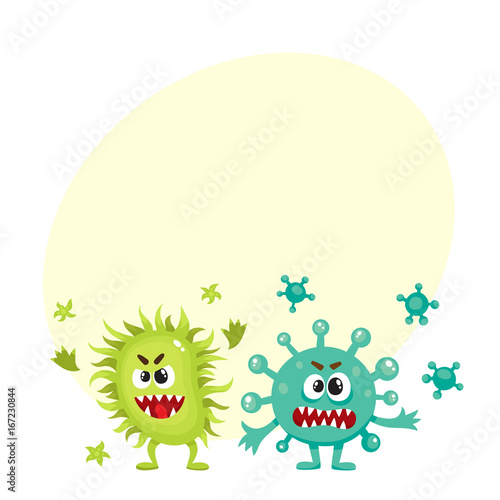 Couple of virus, germ, bacteria characters with human faces and sharp teeth, cartoon vector illustration with space for text. Scary bacteria, virus, germ monsters, pathogens, microorganisms