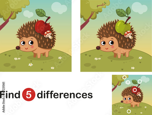 Find differences education game for children, hedgehog in the nature. Vector illustration.