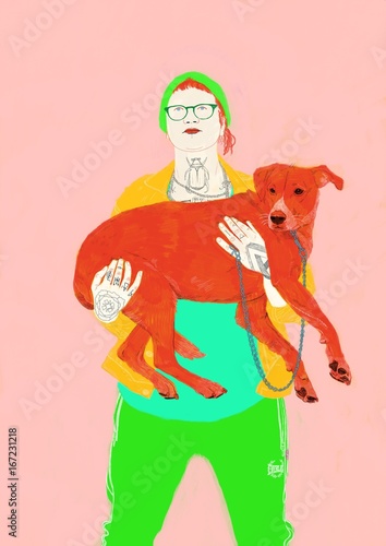 Illustration of woman holding dog