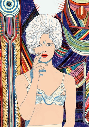 Sexy Vintage Woman Smoking a Cigarette in Lingerie