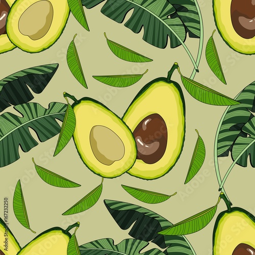 Seamless pattern with avocado and tropical leaves. Vector illustration.