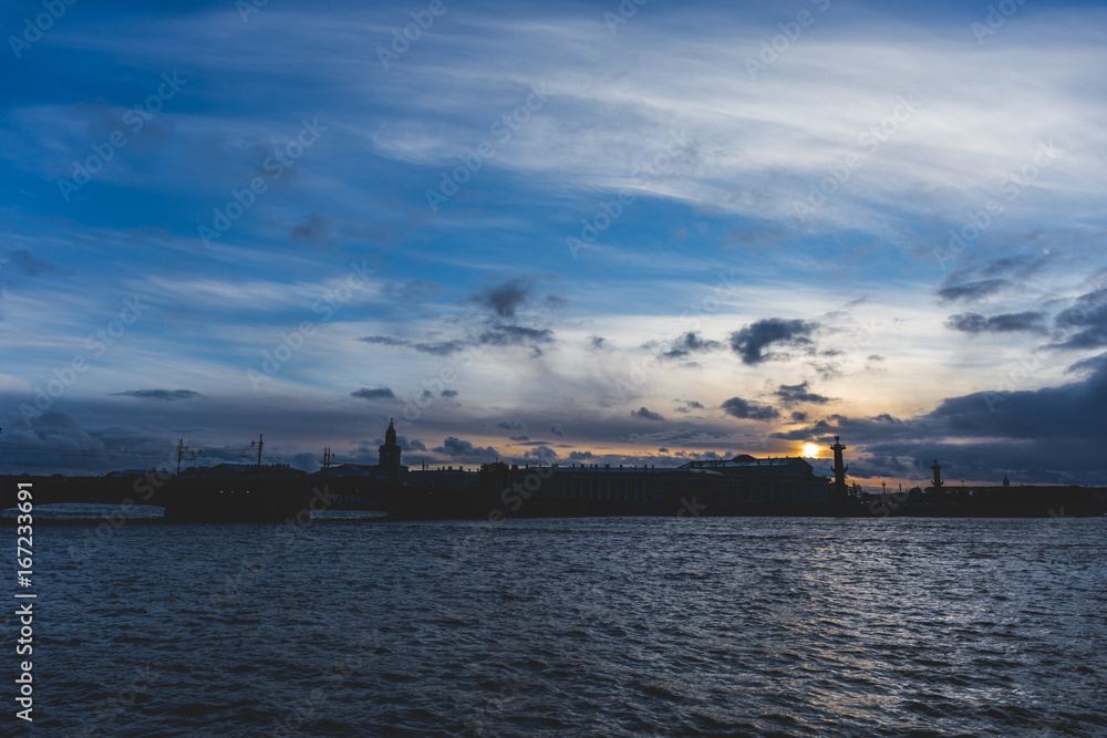 Dramatic sunset in St. Petersburg, Neva river