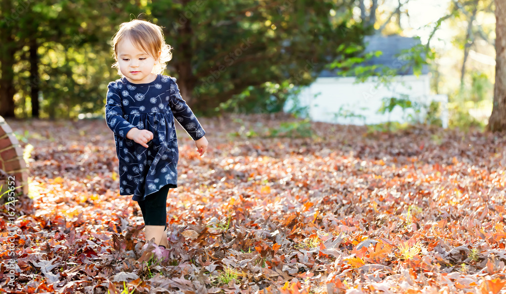 Happy toddler girl playing outside with autumn leaves Happy toddler girl playing outside with autumn leaves