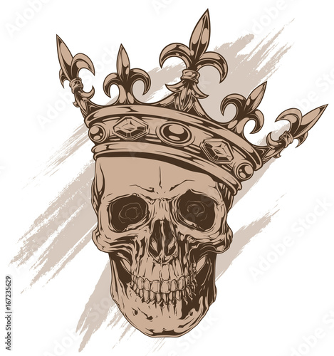 Graphic brown human skull with royal king crown