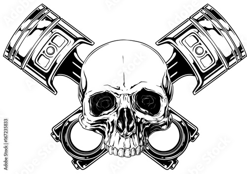 Graphic human skull with crossed car piston vector photo