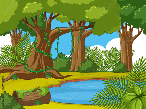 Background scene with trees and pond