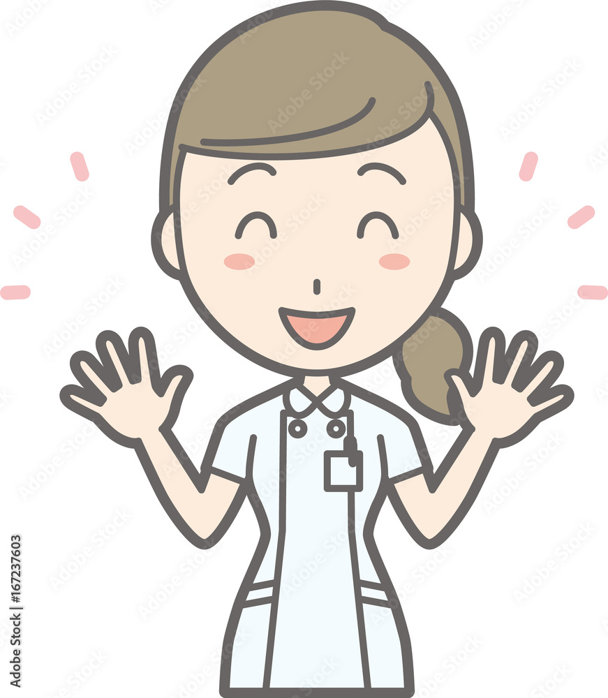 An illustration that a nurse wearing a white suit spreads his hand with a smile An illustration that a nurse wearing a white suit spreads his hand with a smile