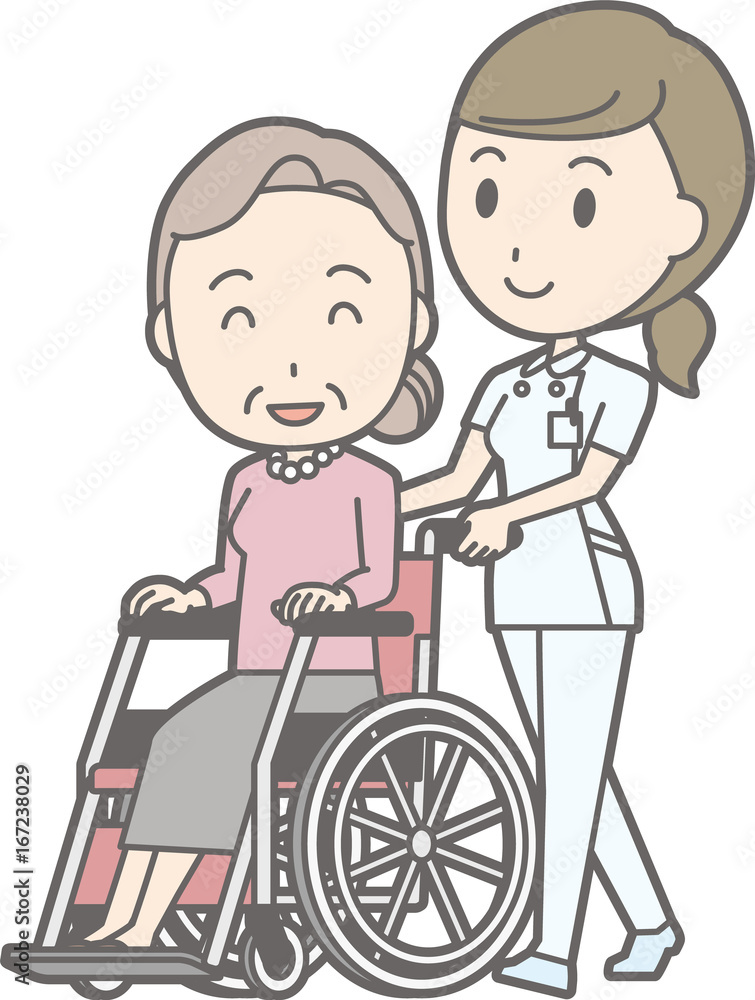 Illustration walking by a nurse wearing a white coat pushing a wheelchair on an older woman Illustration walking by a nurse wearing a white coat pushing a wheelchair on an older woman