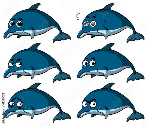 Blue dolphins with different emotions