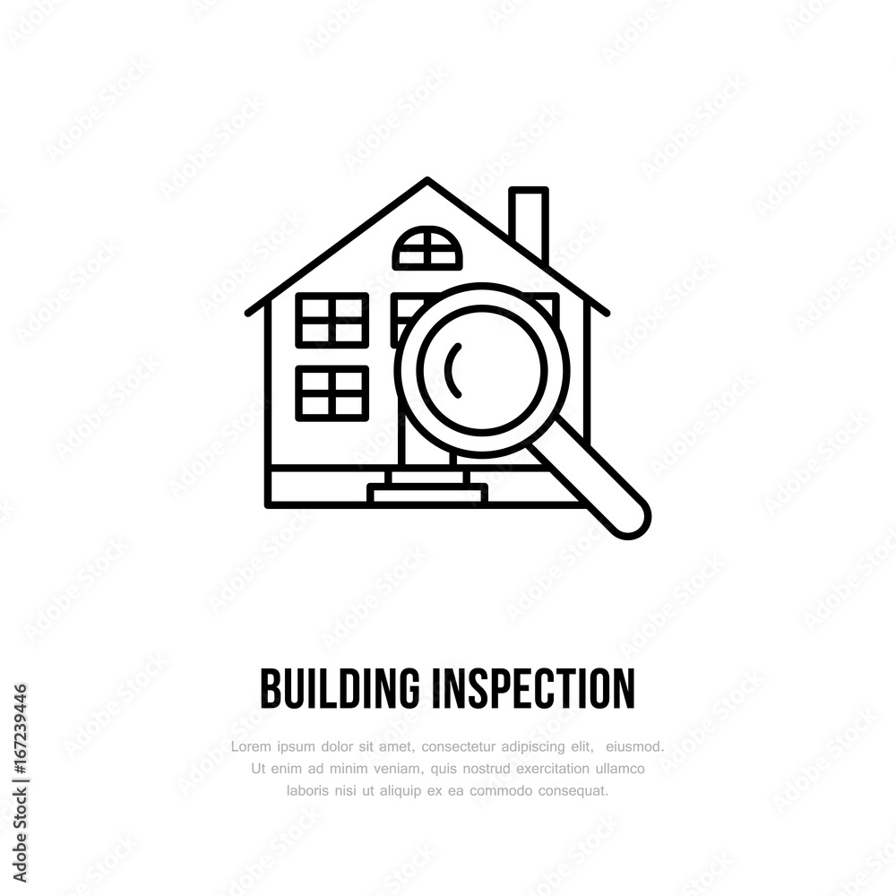 House inspection vector flat line icon. Real estate logo. Illustration of building under glass. Engineering survey service sign. House inspection vector flat line icon. Real estate logo. Illustration of building under glass. Engineering survey service sign.