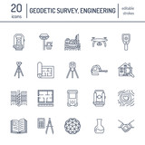 Geodetic survey engineering vector flat line icons. Geodesy equipment, tacheometer, theodolite, tripod. Geological research, building measurement inspection illustration. Construction service signs.