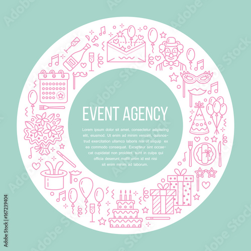 Event agency, birthday party banner with vector line icon of catering, birthday cake, balloon decoration, flower delivery, invitation card, clown. Thin linear sign of party organization service.
