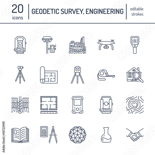 Geodetic survey engineering vector flat line icons. Geodesy equipment, tacheometer, theodolite, tripod. Geological research, building measurement inspection illustration. Construction service signs. photo