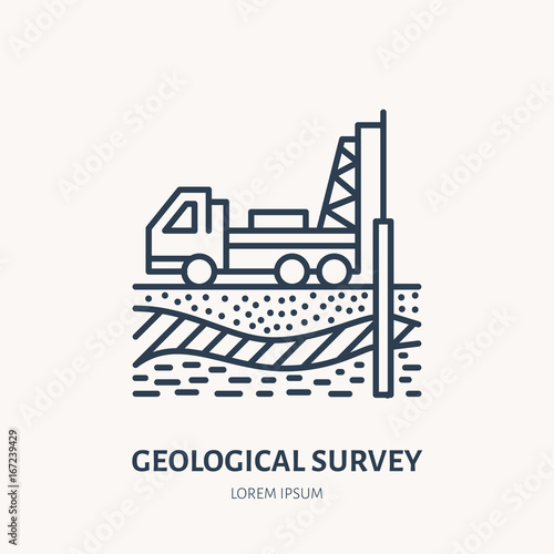 Geological survey, engineering vector flat line icon. Geodesy equipment. Geology research, taking soil sample illustration. Well drilling service signs.