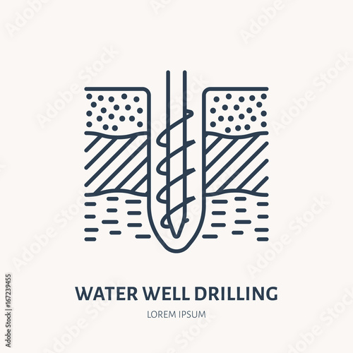 Geological survey, engineering vector flat line icon. Geodesy equipment. Geology research illustration. Water well drilling service sign.