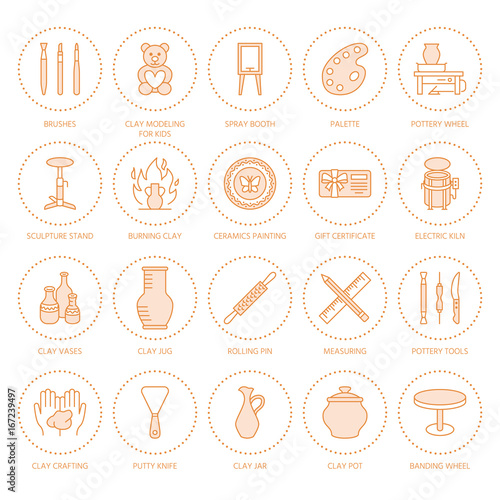 Pottery workshop, ceramics classes line icons. Clay studio tools signs. Hand building, sculpturing equipment - potter wheel, electric kiln, tools. Thin linear signs for art shop.
