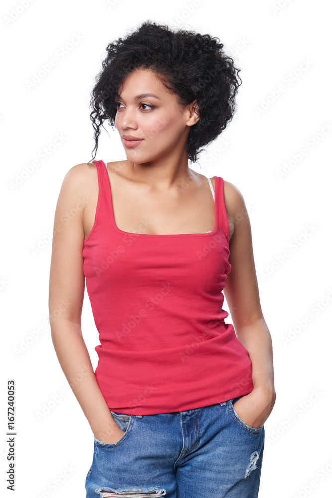 Portrait of beautiful mixed race caucasian - african american woman in pink top looking away Portrait of beautiful mixed race caucasian - african american woman in pink top looking away