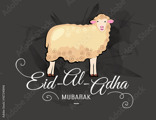 Eid-al-adha greeting card with sheep and lettering on dark grunge background. Vector illustration for muslim festival of sacrifice design
