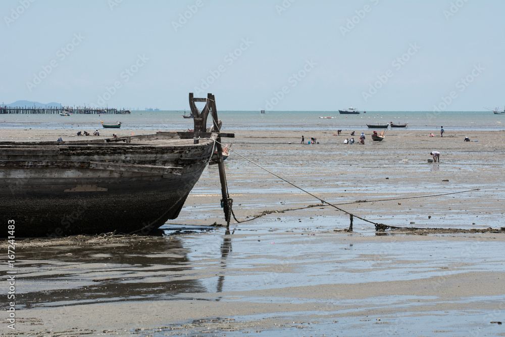 An abandon shipwreck during the period of low tide