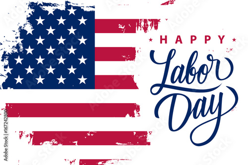 Happy Labor Day holiday banner with brush stroke background in United States national flag colors and hand lettering text design. Vector illustration.