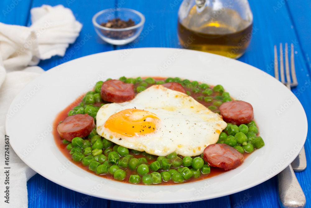 peas with smoked sausage and fried egg on plate peas with smoked sausage and fried egg on plate