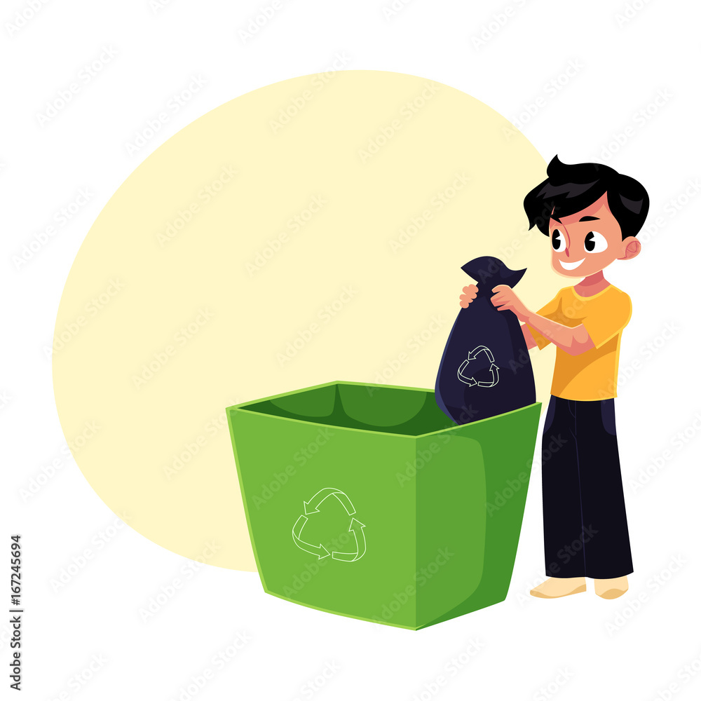 Boy putting garbage bag into trash bin, waste recycling concept, cartoon  vector illustration with space for text. Full length portrait of boy  throwing garbage bag into trash bin Stock Vector | Adobe