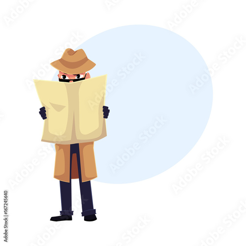 Comic detective character spying on somebody, hiding behind newspaper, cartoon vector illustration with space for text. Full length portrait of funny detective character at surveillance work