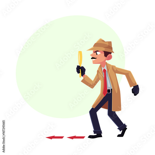 Detective character following, tiptoeing after somebody with magnifying glass, cartoon vector illustration with space for text. Full length portrait of funny detective character at work