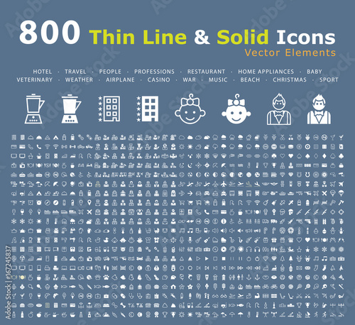 Set of 800 Thin Line and Solid Icons (Hotel, Travel, People, Professions, Restaurant, Home Appliances, Baby, Veterinary, Weather, Airplane, Casino, War, Music, Beach, Christmas and Sport)